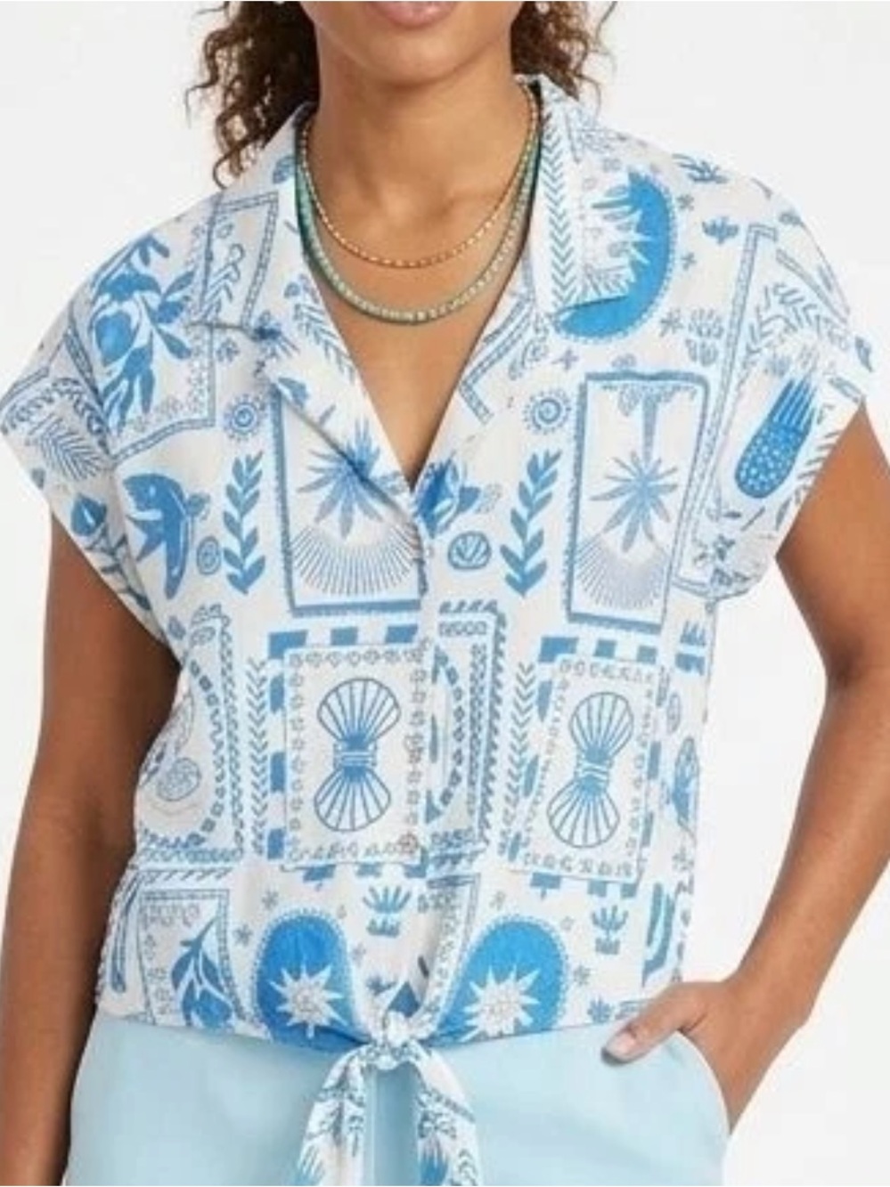 Calypso St. Barth Blue White Coastal Nautical Print Tie-Front Shirt - Size Med